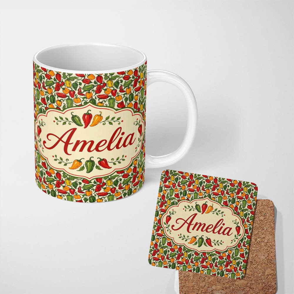 Personalized Custom Name Hand Drawn Mixed Bell Pepper Seamless Pattern Red Green Yellow 11oz Ceramic Coffee Tea Mug White Large Handle