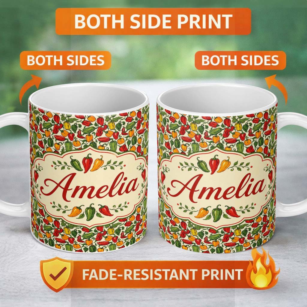 Personalized Custom Name Hand Drawn Mixed Bell Pepper Seamless Pattern Red Green Yellow 11oz Ceramic Coffee Tea Mug White Large Handle