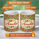 Personalized Custom Name Hand Drawn Mixed Bell Pepper Seamless Pattern Red Green Yellow 11oz Ceramic Coffee Tea Mug White Large Handle