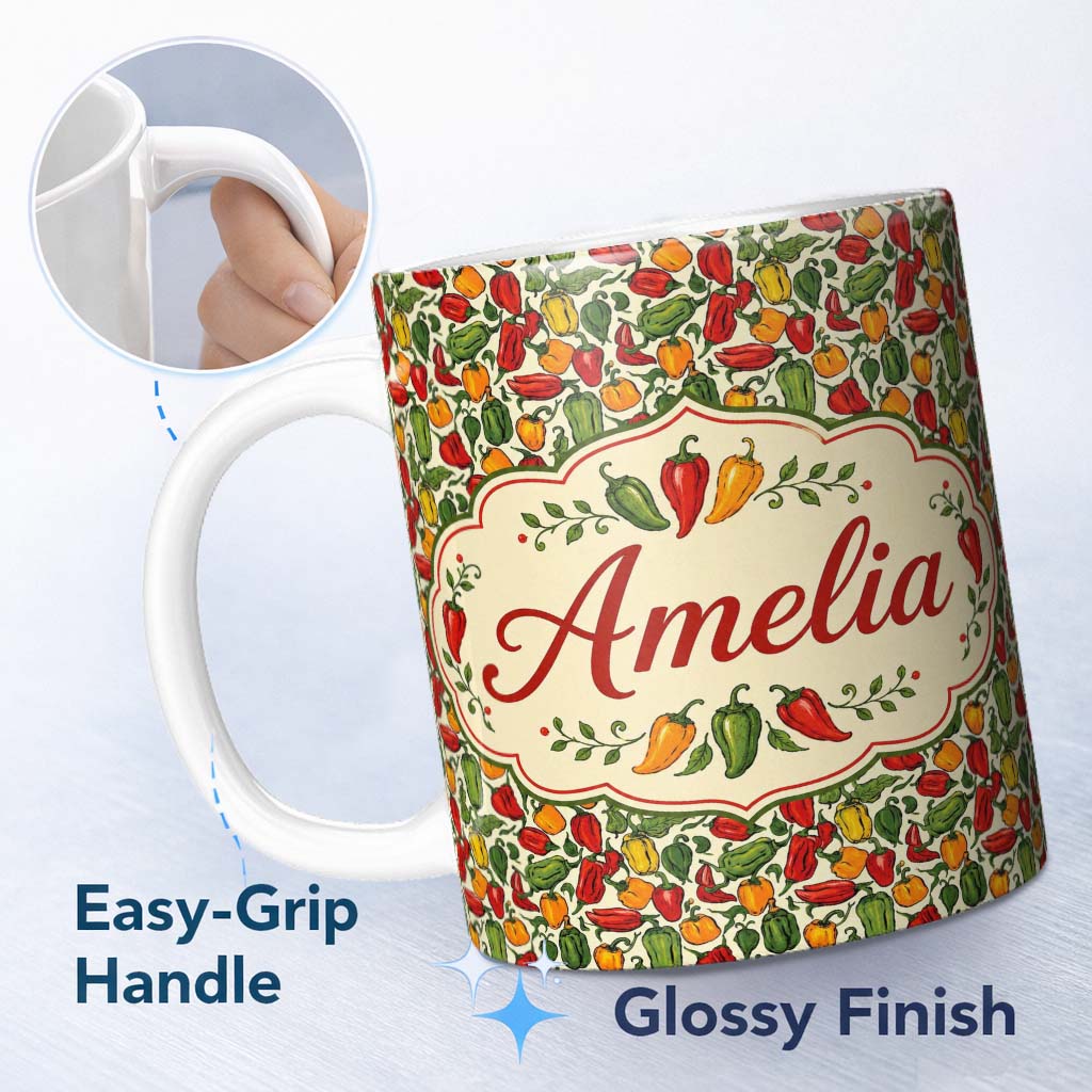 Personalized Custom Name Hand Drawn Mixed Bell Pepper Seamless Pattern Red Green Yellow 11oz Ceramic Coffee Tea Mug White Large Handle