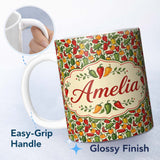 Personalized Custom Name Hand Drawn Mixed Bell Pepper Seamless Pattern Red Green Yellow 11oz Ceramic Coffee Tea Mug White Large Handle