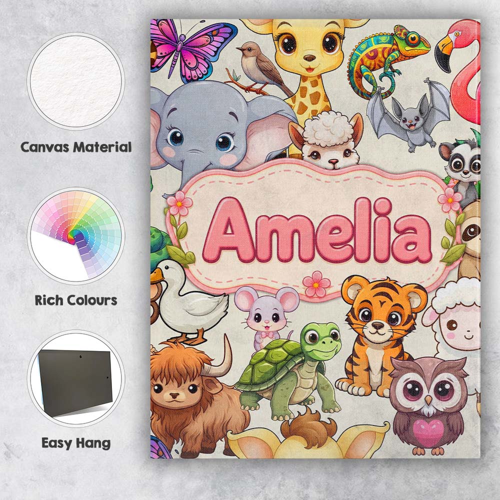 Personalised Name Cute Cartoon Jungle Custom Modern Room Accent Creative Decorator Style Canvas Wall Art Print Decor Picture Ready to Hang