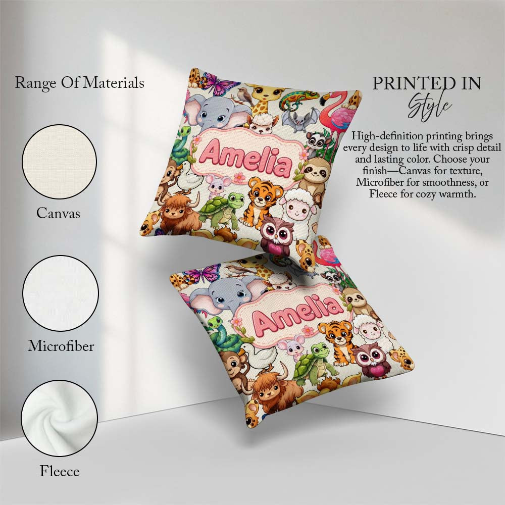 Custom Name Cute Cartoon Jungle Safari Animals Seamless on Cream Square Filled Cushion Throw Pillow Sofa Bed Home Decor Zip Washable UK Made