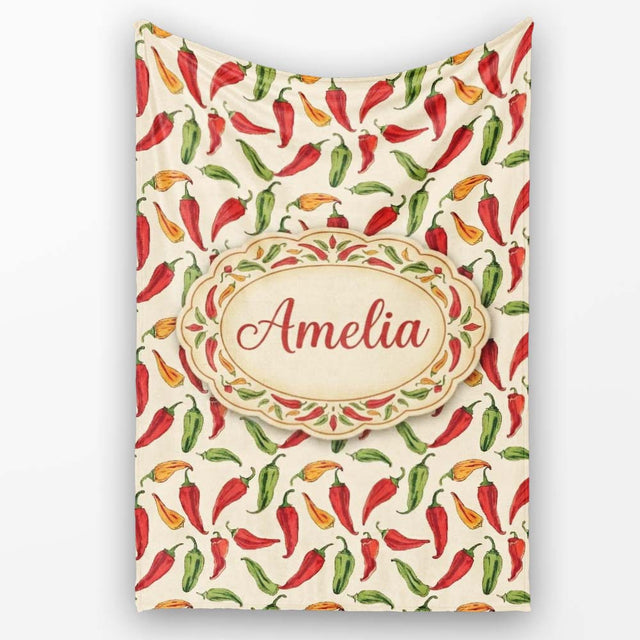 Red Green Chili Pepper Vintage Seamless Pattern  Art Name  Personalised Custom Name Super Soft Fleece Blanket Bed Sofa Throw