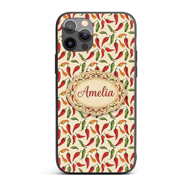 Red Green Chili Pepper Vintage Seamless Pattern Custom Name Protective Phone Case Mobile Cover Durable Everyday Smartphone Shock Resistant