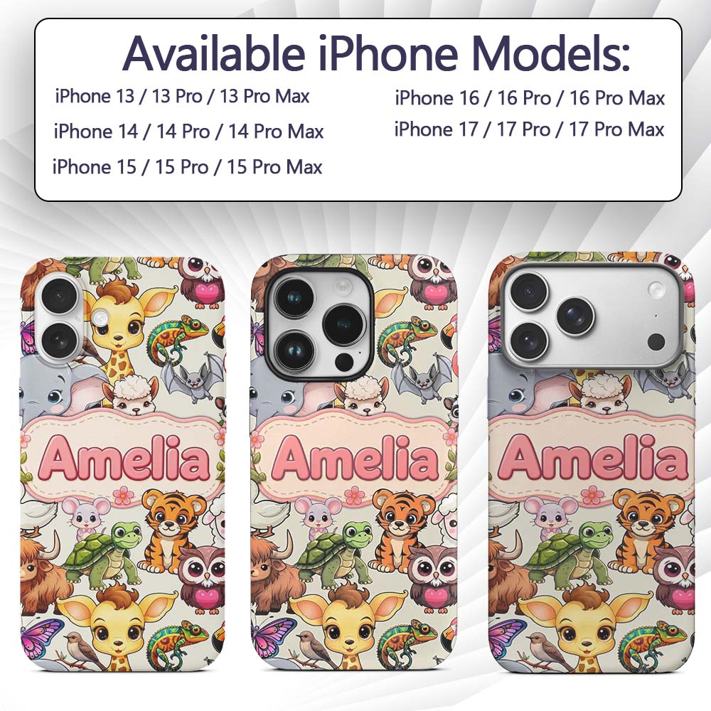 Cute Cartoon Jungle Safari Animals Printed Design Custom Name Protective Phone Case Mobile Cover Durable Everyday Smartphone Shock Resistant