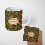 Personalized Custom Name Orange Red Chili Peppers on Dark Leaves Seamless Pattern v2 Name 11oz Ceramic Coffee Tea Mug White Large Handle