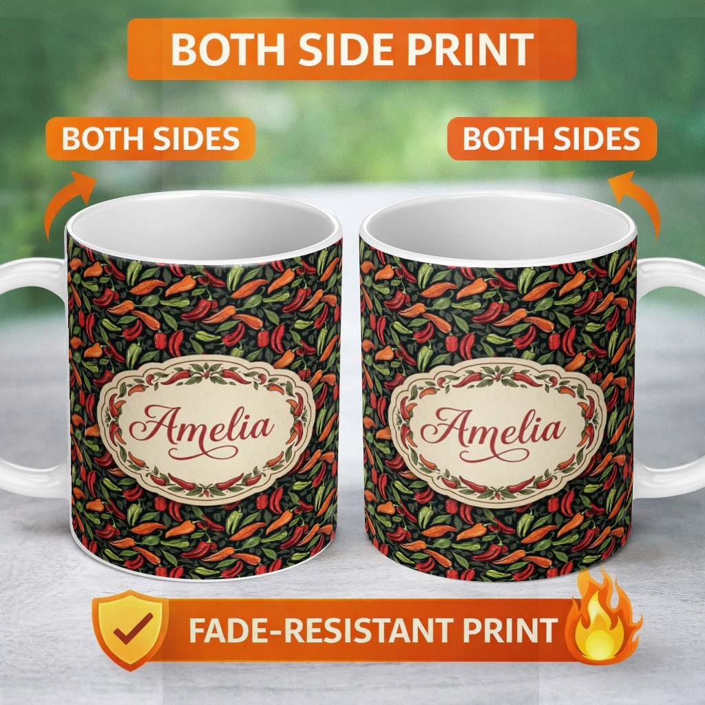 Personalized Custom Name Mixed Chili Peppers and Leaves Dark Seamless Pattern Design Name 11oz Ceramic Coffee Tea Mug White Large Handle