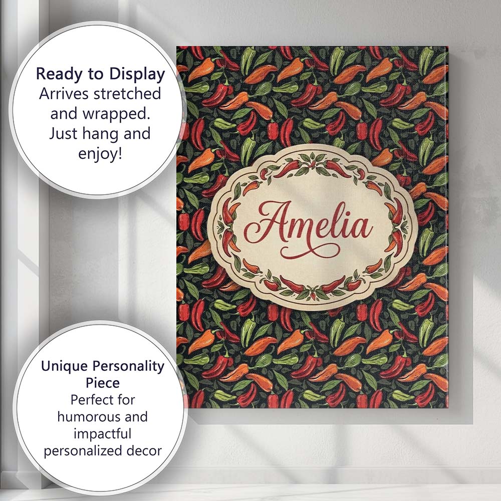 Personalised Name Mixed Chili Peppers and Custom  Unique Gift Idea Elegant Feature Canvas Wall Art Print Decor Picture Ready to Hang
