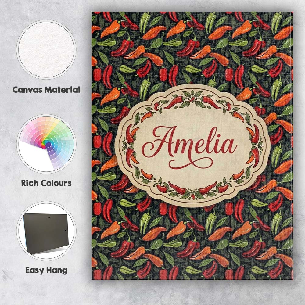 Personalised Name Mixed Chili Peppers and Custom  Unique Gift Idea Elegant Feature Canvas Wall Art Print Decor Picture Ready to Hang