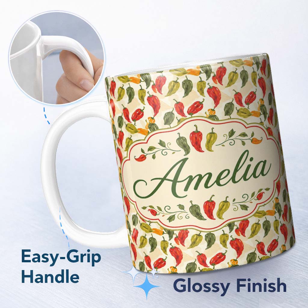 Personalized Custom Name Painterly Chili Pepper Tossed Seamless Pattern Background v Name 11oz Ceramic Coffee Tea Mug White Large Handle