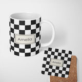 Personalized Custom Name Black White Checkered Wavy Grid Seamless Pattern Moderns Name Cute 11oz Ceramic Coffee Tea Mug White Large Handle