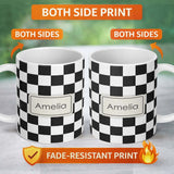 Personalized Custom Name Black White Checkered Wavy Grid Seamless Pattern Moderns Name Cute 11oz Ceramic Coffee Tea Mug White Large Handle