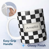 Personalized Custom Name Black White Checkered Wavy Grid Seamless Pattern Moderns Name Cute 11oz Ceramic Coffee Tea Mug White Large Handle