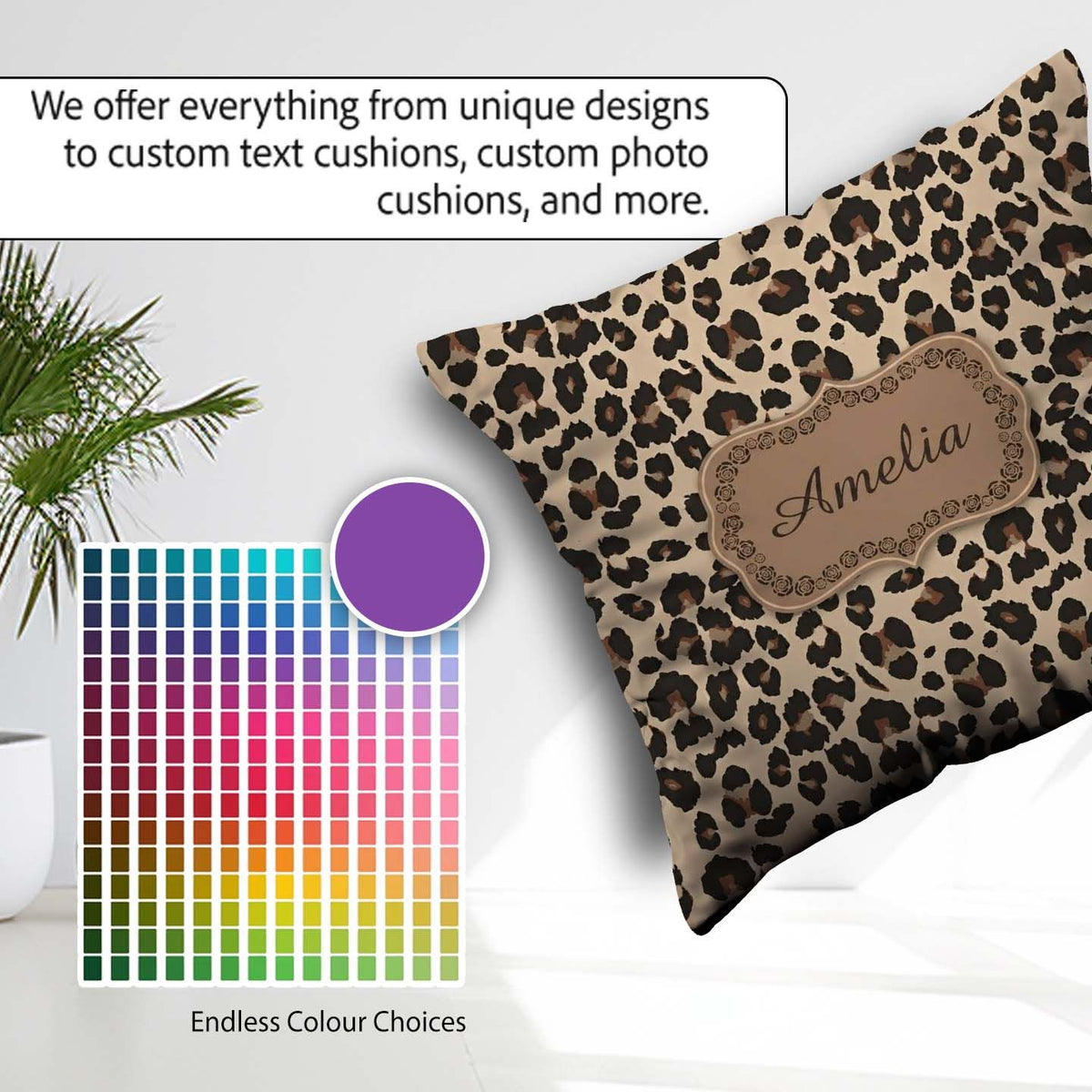 Custom Name Classic Leopard Print Pattern Beige Brown Spots Name Square Filled Cushion Throw Pillow Sofa Bed Home Decor Zip Washable UK Made