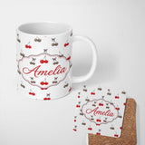 Personalized Custom Name Cute Cherry and Leopard Print Bow Seamless Pattern Custom Name 11oz Ceramic Coffee Tea Mug White Large Handle