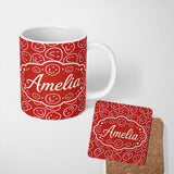 Personalized Custom Name Red Smiley Face Doodle Seamless Pattern Bold Fun Style Name Cute 11oz Ceramic Coffee Tea Mug White Large Handle