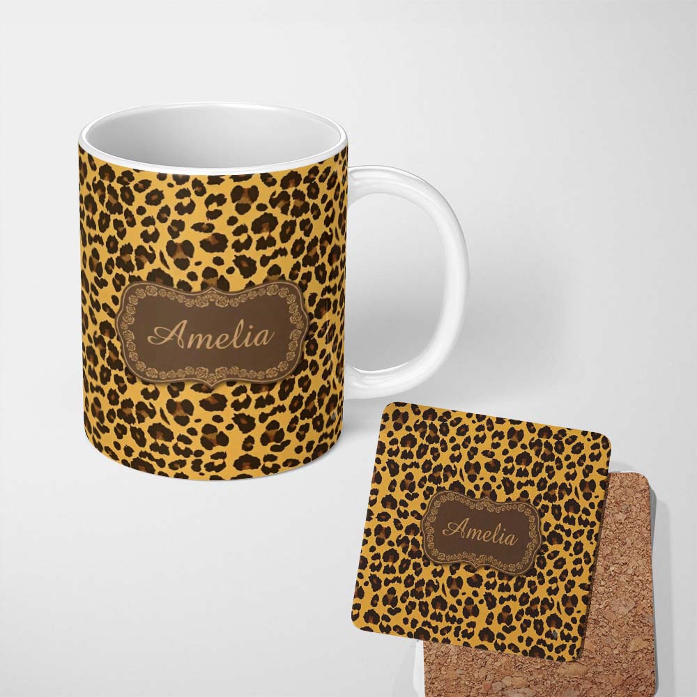 Personalized Custom Name Classic Leopard Animal Print Seamless Pattern Golden Brown Style 11oz Ceramic Coffee Tea Mug White Large Handle