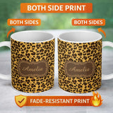 Personalized Custom Name Classic Leopard Animal Print Seamless Pattern Golden Brown Style 11oz Ceramic Coffee Tea Mug White Large Handle