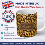 Personalized Custom Name Classic Leopard Animal Print Seamless Pattern Golden Brown Style 11oz Ceramic Coffee Tea Mug White Large Handle
