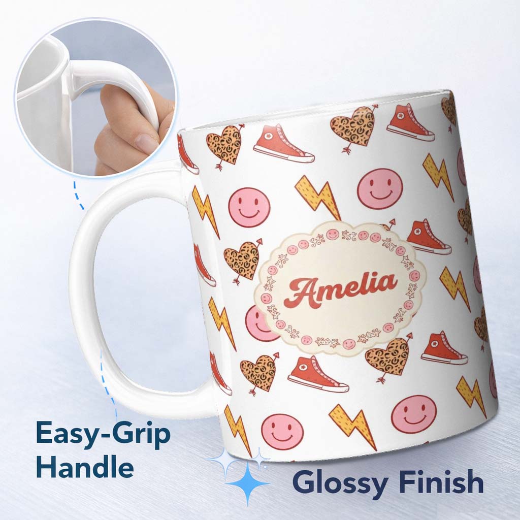 Personalized Custom Name Cute Heart Lightning Sneaker Seamless Pattern Trendy Style Name 11oz Ceramic Coffee Tea Mug White Large Handle