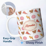 Personalized Custom Name Cute Heart Lightning Sneaker Seamless Pattern Trendy Style Name 11oz Ceramic Coffee Tea Mug White Large Handle
