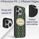 Dark Green Ornamental Damask Seamless Pattern Custom Name Protective Phone Case Mobile Cover Durable Everyday Smartphone Shock Resistant