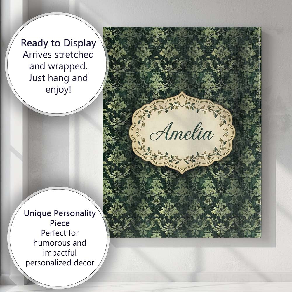 Personalised Name Dark Green Ornamental Custom  Modern Room Accent Elegant Feature Canvas Wall Art Print Decor Picture Ready to Hang