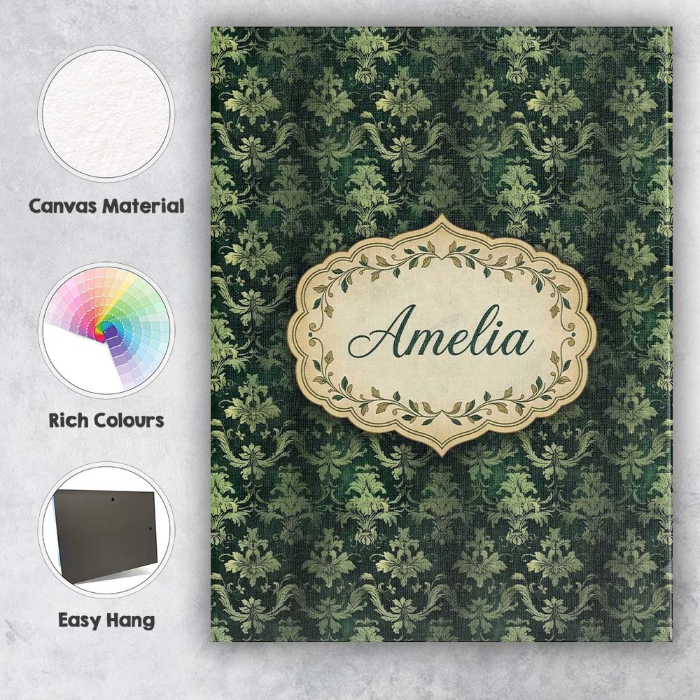 Personalised Name Dark Green Ornamental Custom  Modern Room Accent Elegant Feature Canvas Wall Art Print Decor Picture Ready to Hang