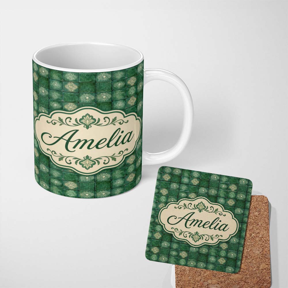 Personalized Custom Name Green Tile Floral Grid Seamless Pattern Decorative Ceramic Style 11oz Ceramic Coffee Tea Mug White Large Handle