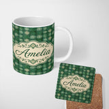 Personalized Custom Name Green Tile Floral Grid Seamless Pattern Decorative Ceramic Style 11oz Ceramic Coffee Tea Mug White Large Handle