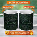 Personalized Custom Name Dark Botanical Damask Seamless Pattern Elegant Vintage Style Name 11oz Ceramic Coffee Tea Mug White Large Handle