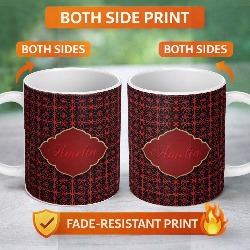 Personalized Custom Name Red Black Geometric Floral Seamless Pattern Elegant Gothic Style 11oz Ceramic Coffee Tea Mug White Large Handle