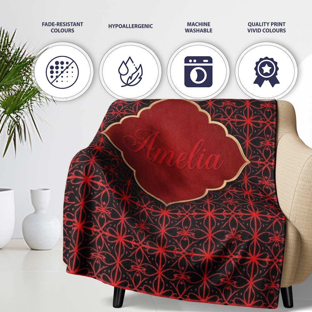 Red Black Geometric Floral Seamless Pattern Elegant Gothic Style  Personalised Custom Name Super Soft Fleece Blanket Bed Sofa Throw
