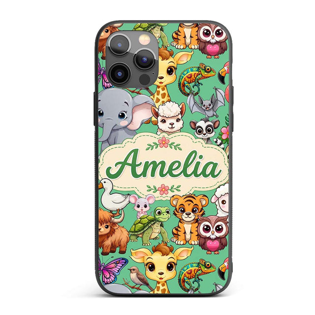 Cute Cartoon Jungle Safari Animals Printed Design Custom Name Protective Phone Case Mobile Cover Durable Everyday Smartphone Shock Resistant