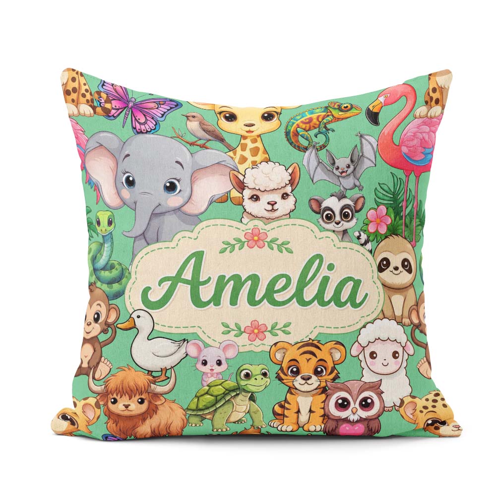 Custom Name Cute Cartoon Jungle Safari Animals Seamless on Green Square Filled Cushion Throw Pillow Sofa Bed Home Decor Zip Washable UK Made