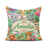 Custom Name Cute Cartoon Jungle Safari Animals Seamless on Green Square Filled Cushion Throw Pillow Sofa Bed Home Decor Zip Washable UK Made
