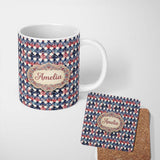 Personalized Custom Name Watercolor Blue Pink Leaf Scallop Seamless Pattern Artistic Design 11oz Ceramic Coffee Tea Mug White Large Handle