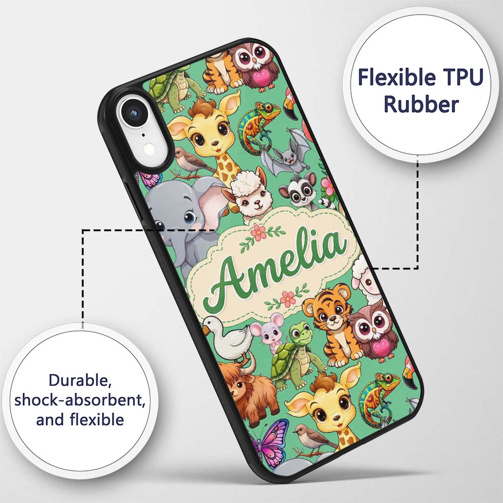 Cute Cartoon Jungle Safari Animals Printed Design Custom Name Protective Phone Case Mobile Cover Durable Everyday Smartphone Shock Resistant