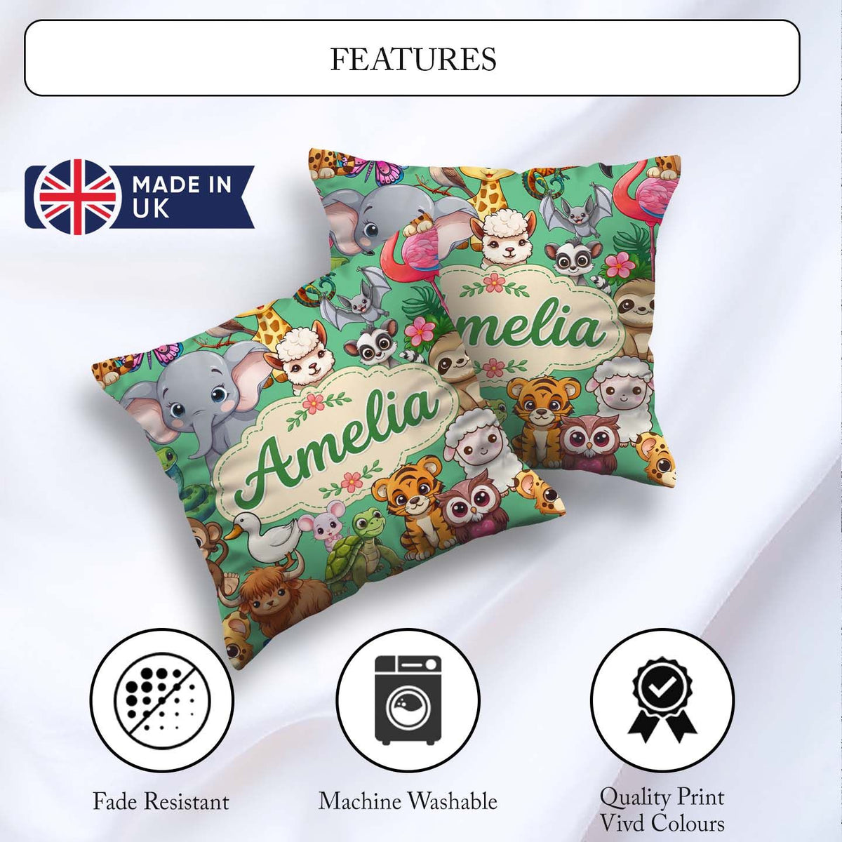 Custom Name Cute Cartoon Jungle Safari Animals Seamless on Green Square Filled Cushion Throw Pillow Sofa Bed Home Decor Zip Washable UK Made
