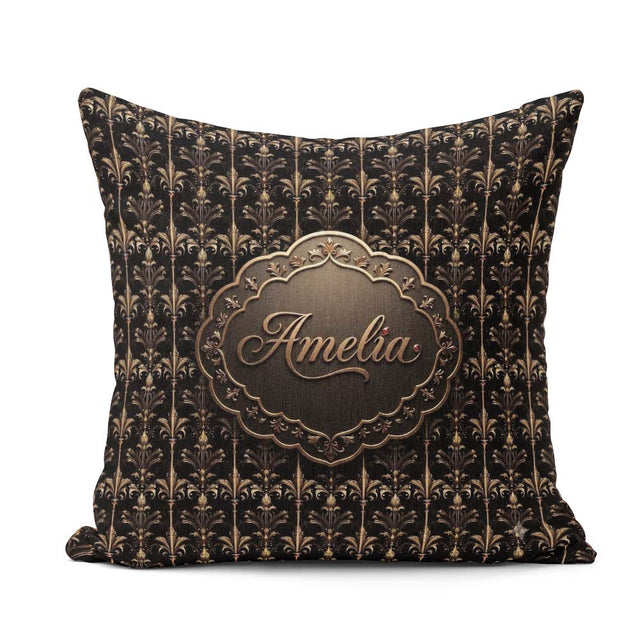 Custom Name Luxury Gold Ornamental Damask Seamless Pattern Black Square Filled Cushion Throw Pillow Sofa Bed Home Decor Zip Washable UK Made