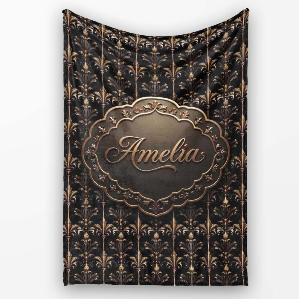 Luxury Gold Ornamental Damask Seamless Pattern Black Background  Personalised Custom Name Super Soft Fleece Blanket Bed Sofa Throw