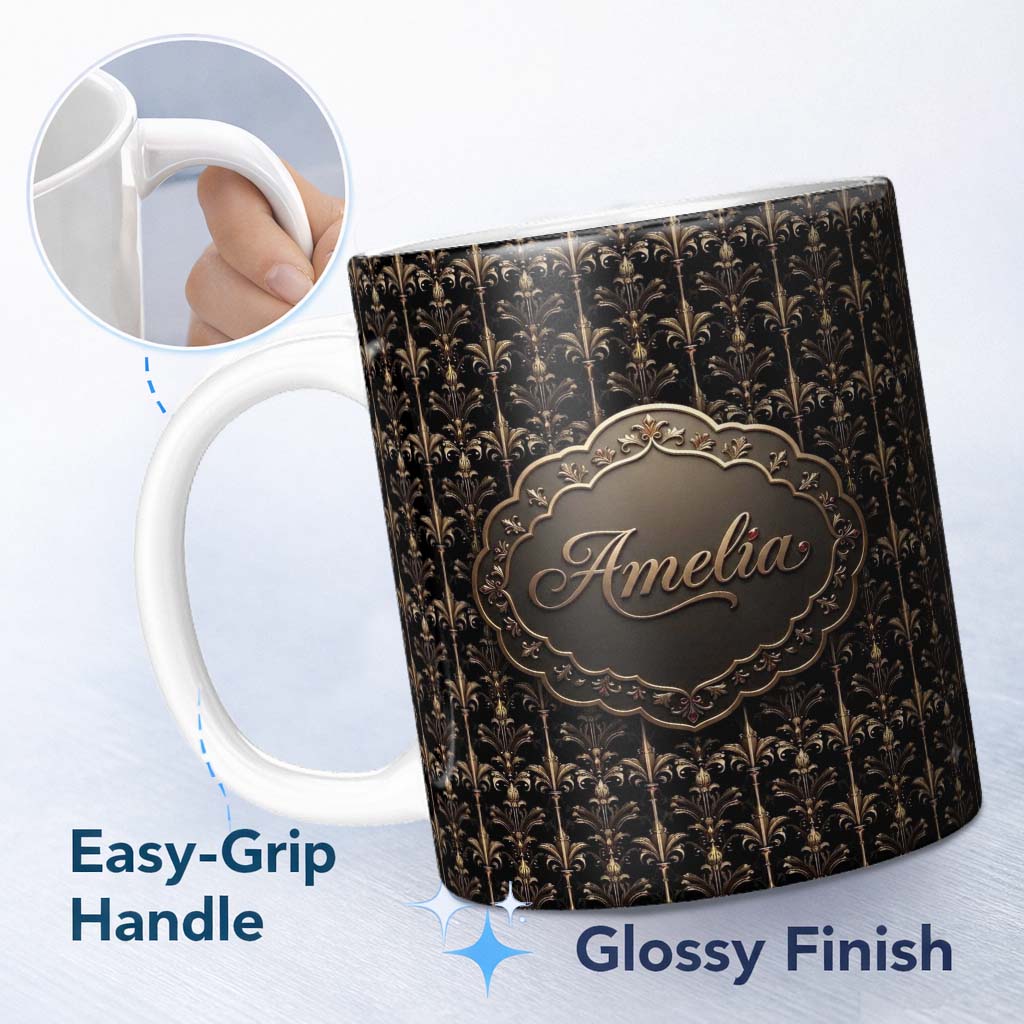 Personalized Custom Name Luxury Gold Ornamental Damask Seamless Pattern Black Background 11oz Ceramic Coffee Tea Mug White Large Handle