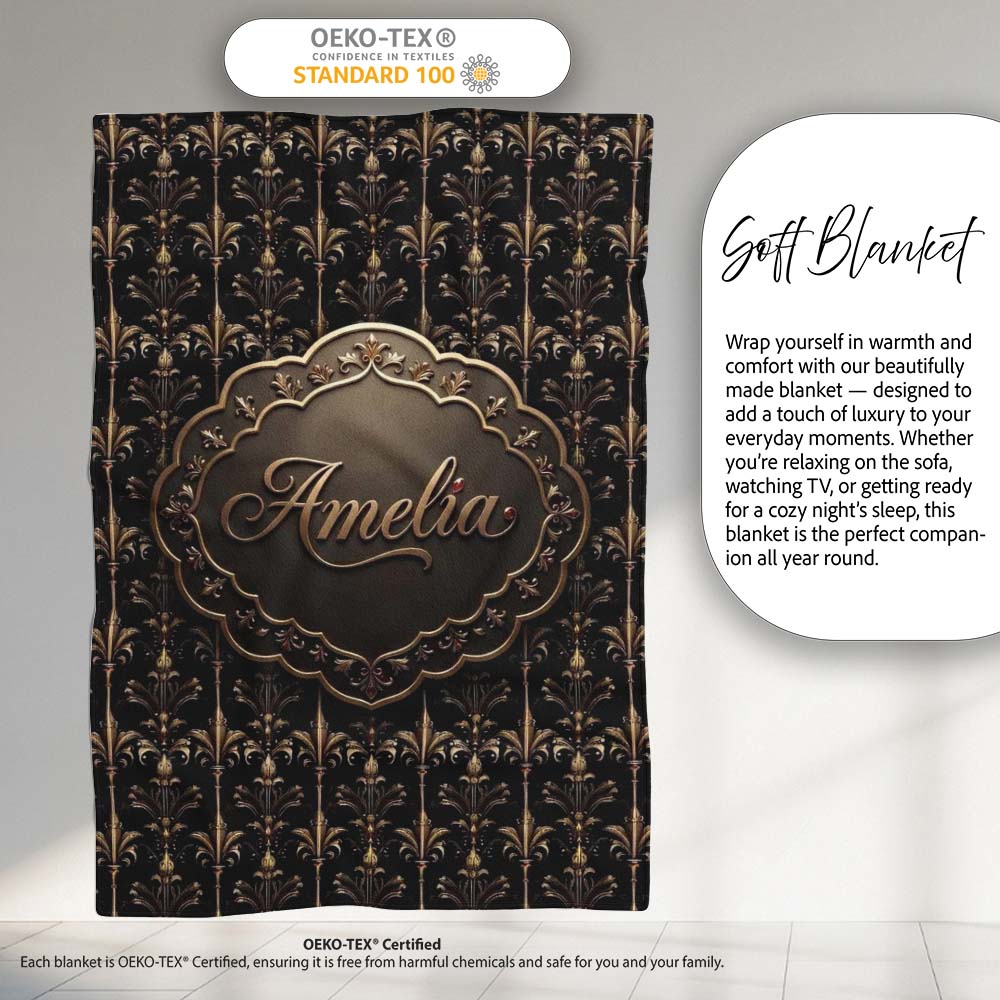 Luxury Gold Ornamental Damask Seamless Pattern Black Background  Personalised Custom Name Super Soft Fleece Blanket Bed Sofa Throw