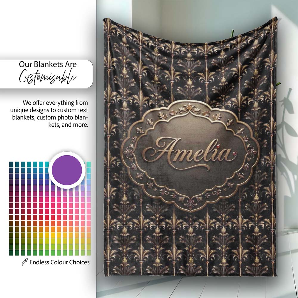 Luxury Gold Ornamental Damask Seamless Pattern Black Background  Personalised Custom Name Super Soft Fleece Blanket Bed Sofa Throw