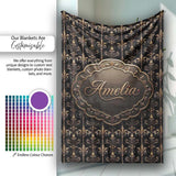 Luxury Gold Ornamental Damask Seamless Pattern Black Background  Personalised Custom Name Super Soft Fleece Blanket Bed Sofa Throw