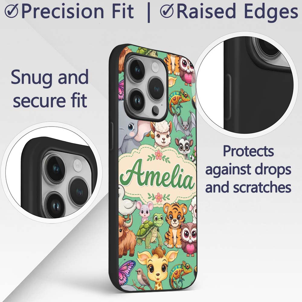 Cute Cartoon Jungle Safari Animals Printed Design Custom Name Protective Phone Case Mobile Cover Durable Everyday Smartphone Shock Resistant