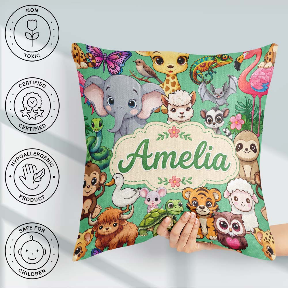 Custom Name Cute Cartoon Jungle Safari Animals Seamless on Green Square Filled Cushion Throw Pillow Sofa Bed Home Decor Zip Washable UK Made
