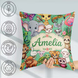Custom Name Cute Cartoon Jungle Safari Animals Seamless on Green Square Filled Cushion Throw Pillow Sofa Bed Home Decor Zip Washable UK Made