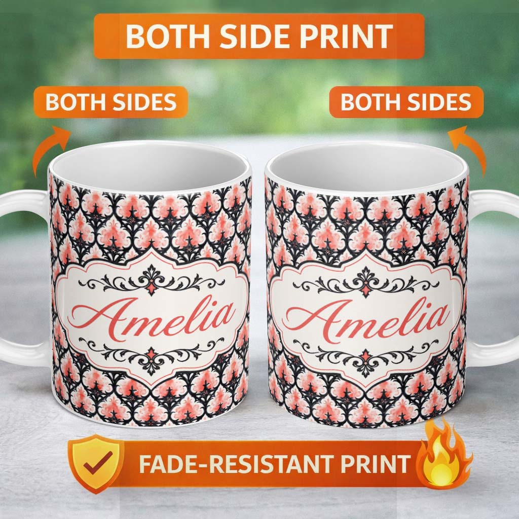 Personalized Custom Name Gothic Black Pink Ornate Floral Seamless Pattern Vintage Style Name 11oz Ceramic Coffee Tea Mug White Large Handle